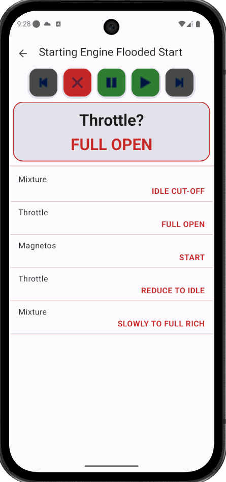 Pilot Checklists running the Flooded Start checklist, prompting "Throttle? FULL OPEN"