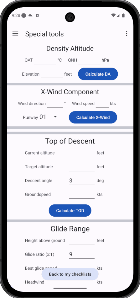 Pilot Checklists special tools: density altitude, crosswind component, top of descent and glide range
