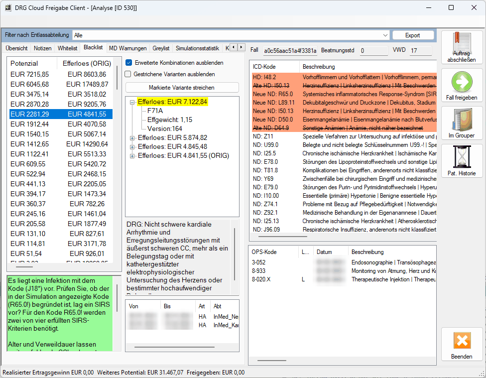 The DRG-CloudCheck analysis client showing revenue potential per case, ICD codes and the reasoning behind each finding