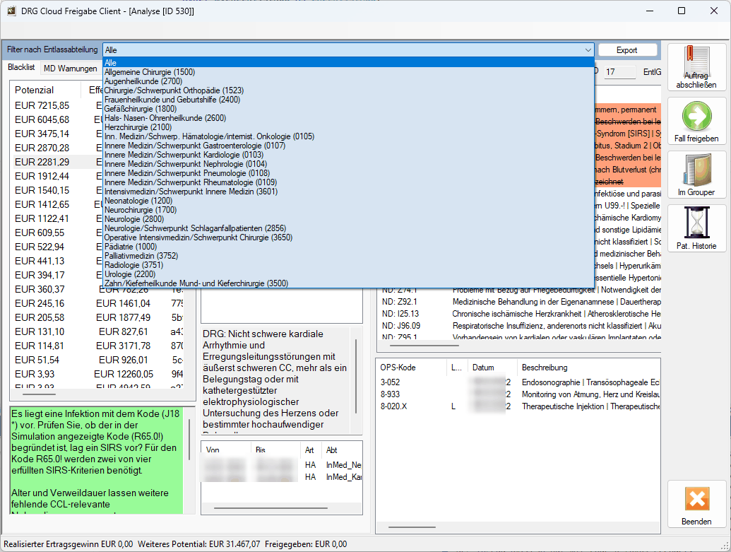 DRG-CloudCheck filtering findings by discharging department