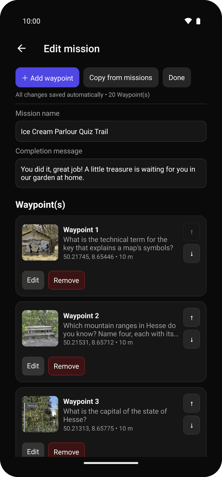 The KidQuest mission editor: mission name, closing message and the list of waypoints