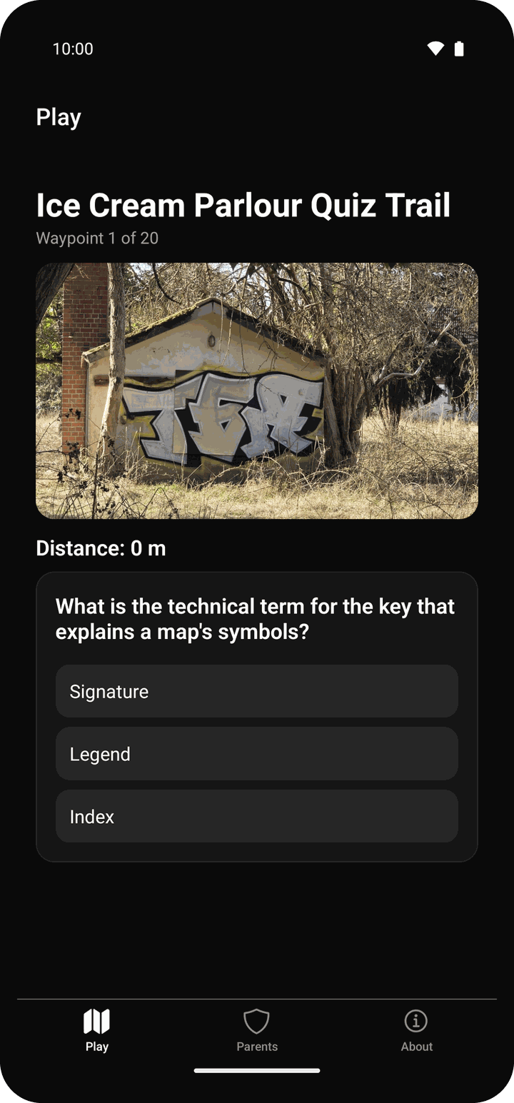 A KidQuest question unlocking at a waypoint once the distance reaches zero metres