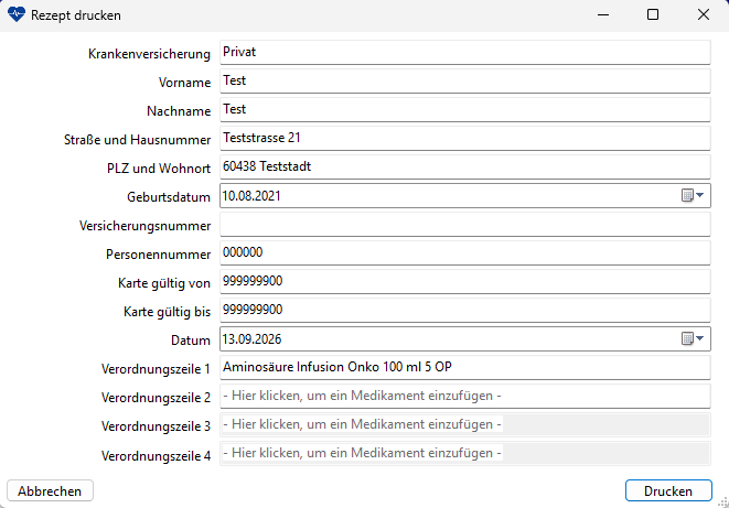The PulsonicsOffice prescription dialog with insurance and patient details filled in and a medication on the first line
