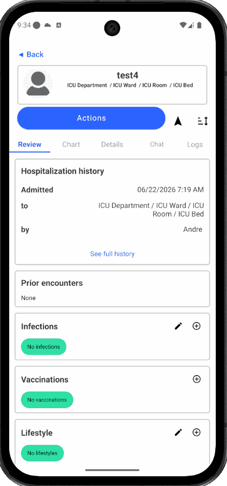The Pulsonics patient review screen, showing hospitalisation history, prior encounters, infections and vaccinations