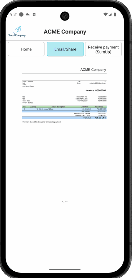 A finalised TouchCompany invoice offering Email/Share and Receive payment via SumUp