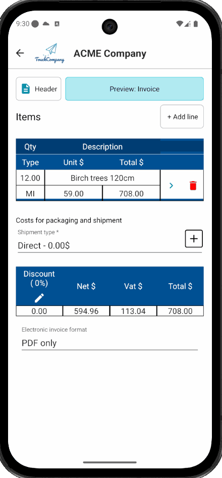 TouchCompany invoice editor showing line items, VAT and the document total